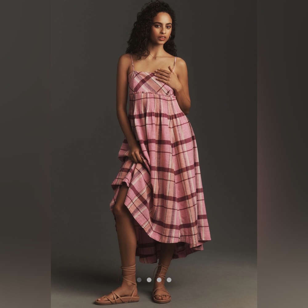 Maeve Linen Pleated-Waist Hanky-Hem Midi Dress